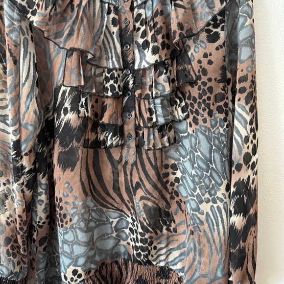V Cristina Unique Sheer Animal Print Ruffled Blouse Size L - Picture 6 of 9